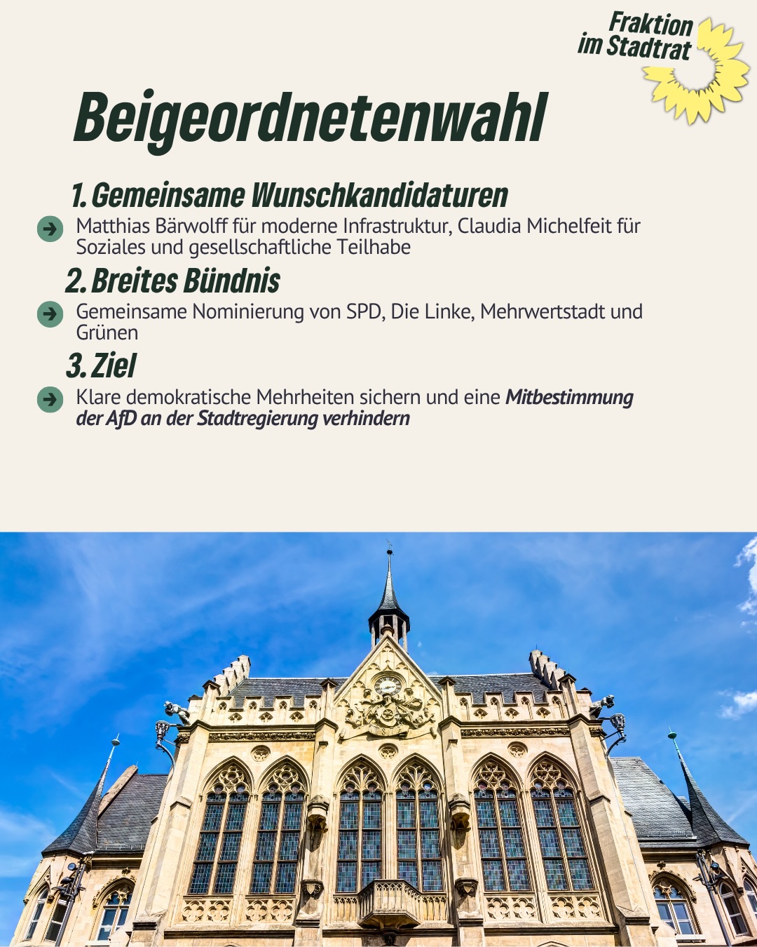 Am Donnerstag wird ab 17 Uhr im Erfurter Rathaus wieder über wichtige Themen für unsere Stadt diskutiert. Mit dabei sind mehrere Initiativen von uns, mit denen wir konkrete Verbesserungen für Erfurt anstoßen wollen. Bereits morgen findet eine Sondersitzung zur Beigeordnetenwahl statt. Das sind unsere Ziele:
❕Verbot von Smart Glasses in Erfurter Bädern und Saunen
❕Petersberg klima- und naturgerecht weiterentwickeln
❕ Fußwege im Bestand verbessern
Dafür setzen wir uns im Stadtrat ein. Für ein Erfurt, das soziale Gerechtigkeit stärkt und Lebensqualität für alle schafft. 💚
#erfurt #grüneerfurt #grüneimstadtrat #diegrünen #bündnisgrüne