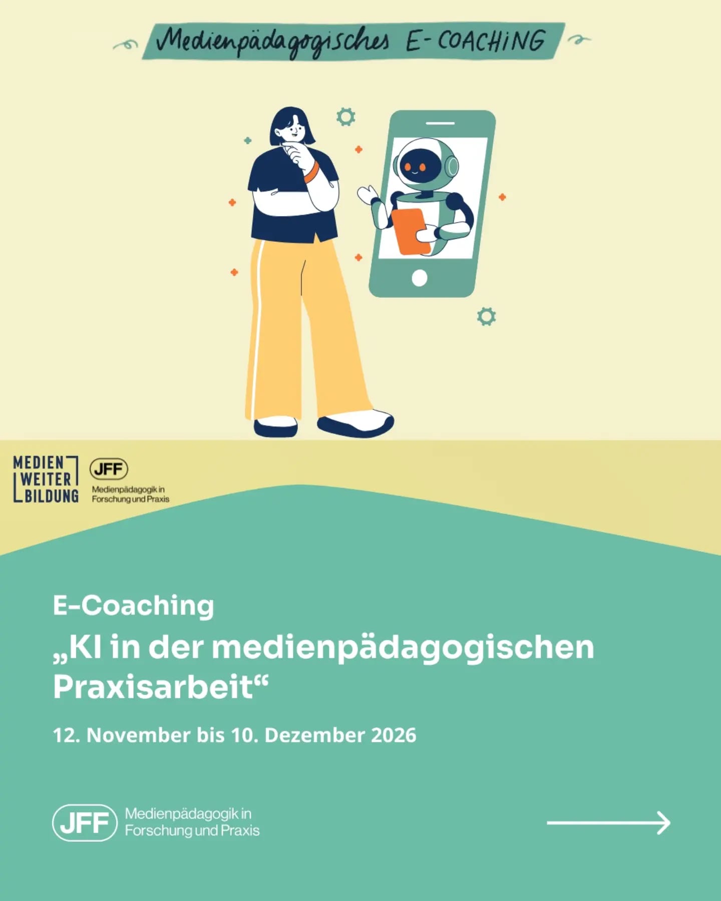 🤖 KI kreativ und verantwortungsvoll einsetzen – aber wie?
In unserem kostenfreien E-Coaching „KI in der medienpädagogischen Praxisarbeit“ lernen Sie KI-Grundlagen kennen, probieren Tools aus und entwickeln eine eigene Projektidee für die Arbeit mit Kindern und Jugendlichen. Dabei nehmen wir auch Chancen und Risiken in den Blick.
Für pädagogische Fachkräfte aus Bayern, die mit Kindern und Jugendlichen ab 9 Jahren arbeiten. Vorkenntnisse sind nicht nötig!
📅 12.11., 26.11. und 10.12.2026
🕘 Jeweils 9–13 Uhr, online
💡 Mit vorbereitenden Aufgaben zwischen den Treffen
⏰ Anmeldeschluss: 26.10.2026
Jetzt anmelden und KI in der eigenen medienpädagogischen Praxis ausprobieren!
#Medienpädagogik #KünstlicheIntelligenz #Medienkompetenz #Fortbildung #Jugendarbeit